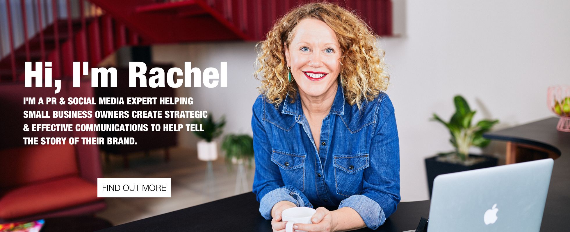 photo of gossip girl pr founder rachel bradley sat on sofa with laptop and text saying Hi I'm Rachel